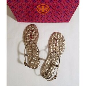 NIB Tory Burch Marion Quilted Leather T-Strap Sandal in Mica Gold Size 9.5 $225